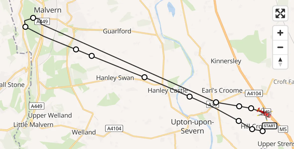 Flight path map showing Air Ambulance Helicopter route from Hill Croome to Upper Strensham