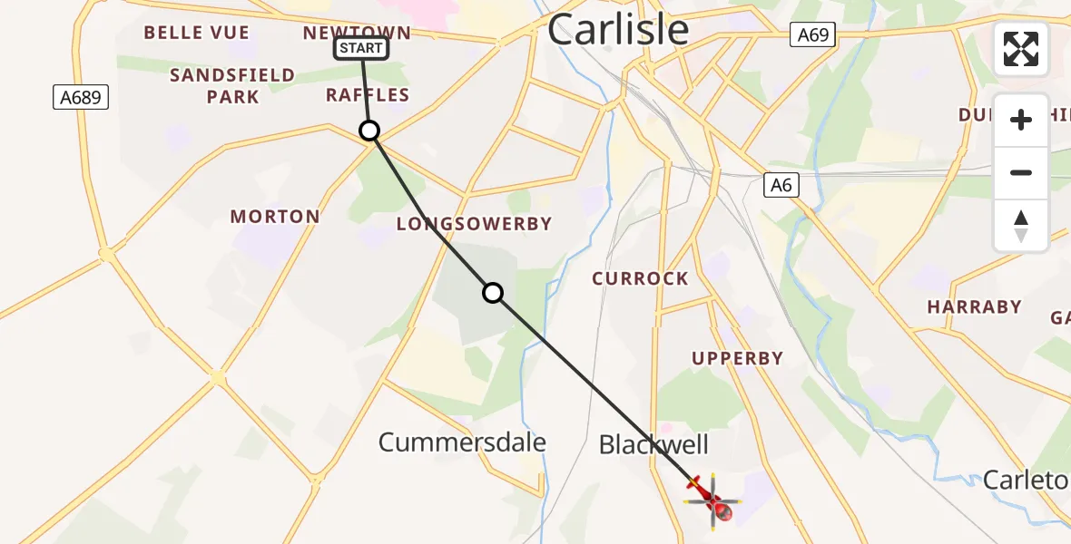 Flight path map showing Air Ambulance Helicopter route from Carlisle General to Blackwell