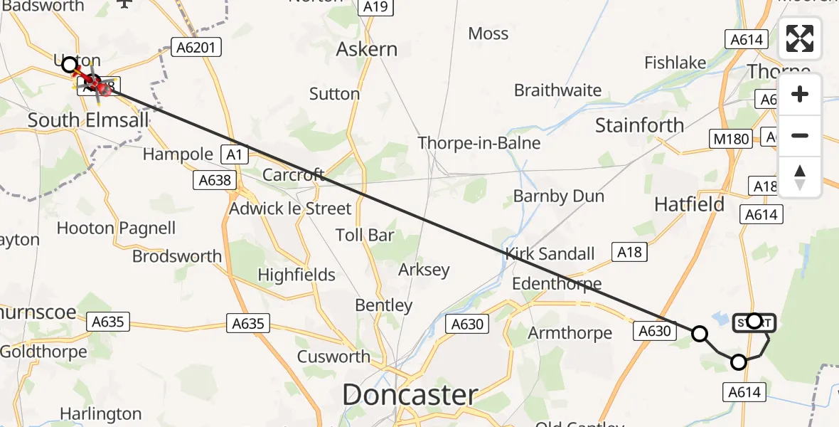 Flight path map showing Air Ambulance Helicopter route from Hatfield to North Elmsall