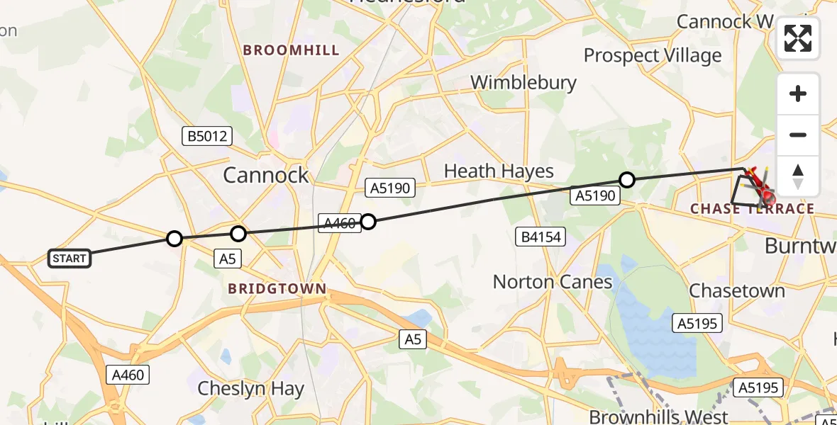Flight path map showing Air Ambulance Helicopter route from Hatherton Junction to Burntwood