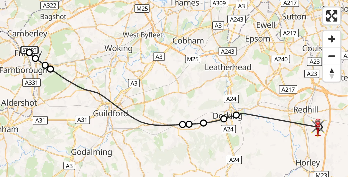 Flight path map showing Air Ambulance Helicopter route from Frimley Park Hospital to Redhill Aerodrome