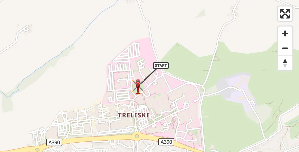 Flight path map showing Air Ambulance Helicopter route from Treliske Hospital to Treliske Hospital
