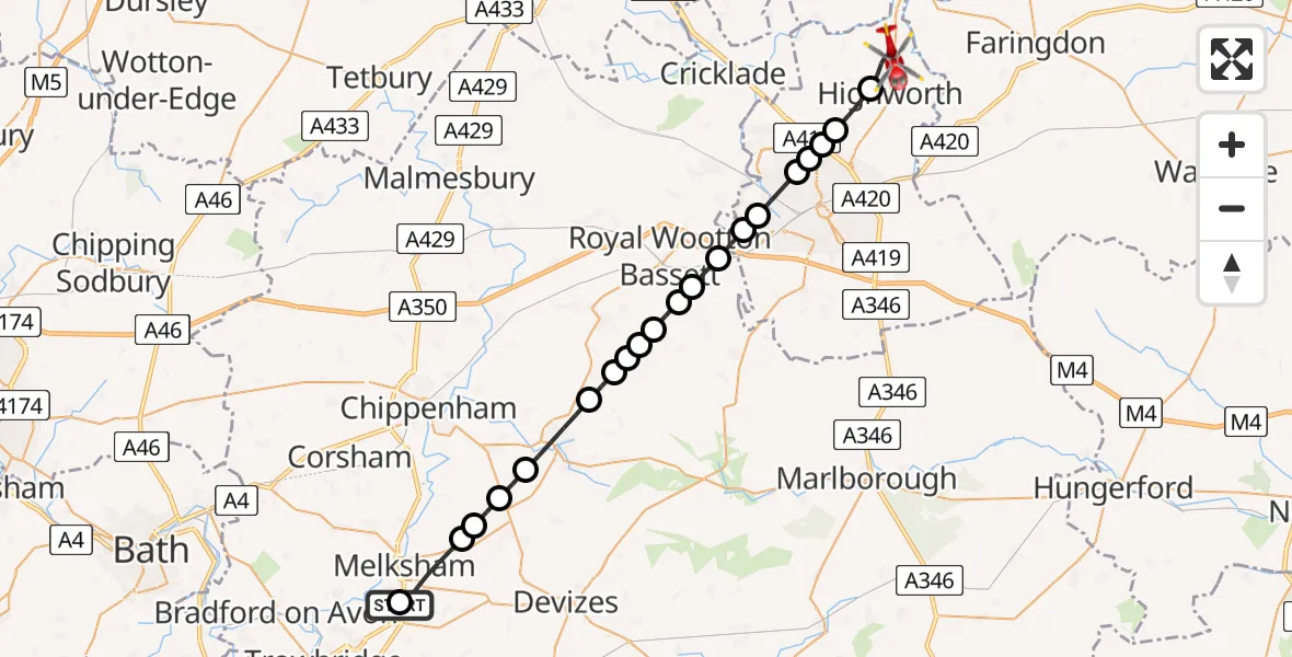 Flight path map showing Air Ambulance Helicopter route from Wiltshire Air Ambulance to Highworth