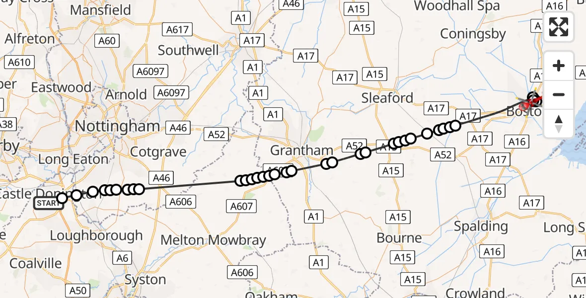 Flight path map showing Air Ambulance Helicopter route from East Midlands Airport to Boston
