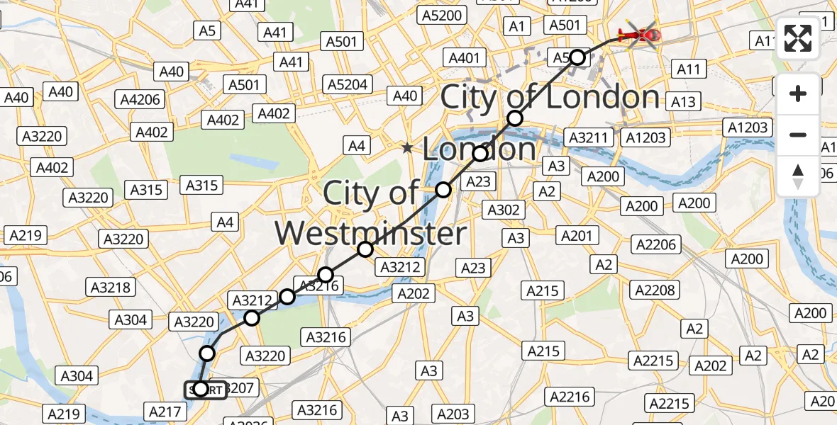 Flight path map showing Air Ambulance Helicopter route from London Heliport to Whitechapel