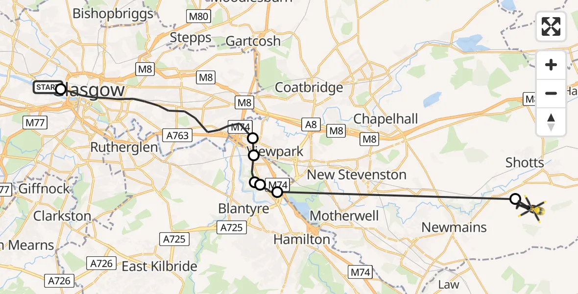 Flight route Police Helicopter Glasgow City Heliport - Allanton, 01 May 2026, 12:23