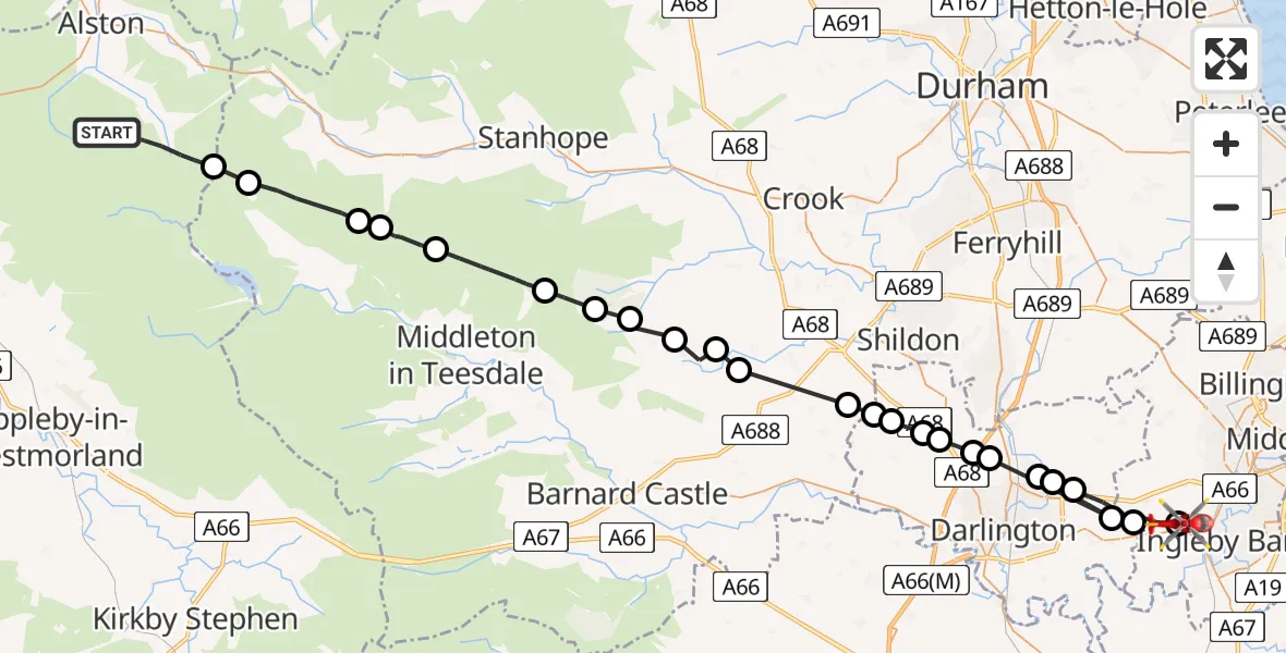 Flight path map showing Air Ambulance Helicopter route from Alston Moor to Egglescliffe