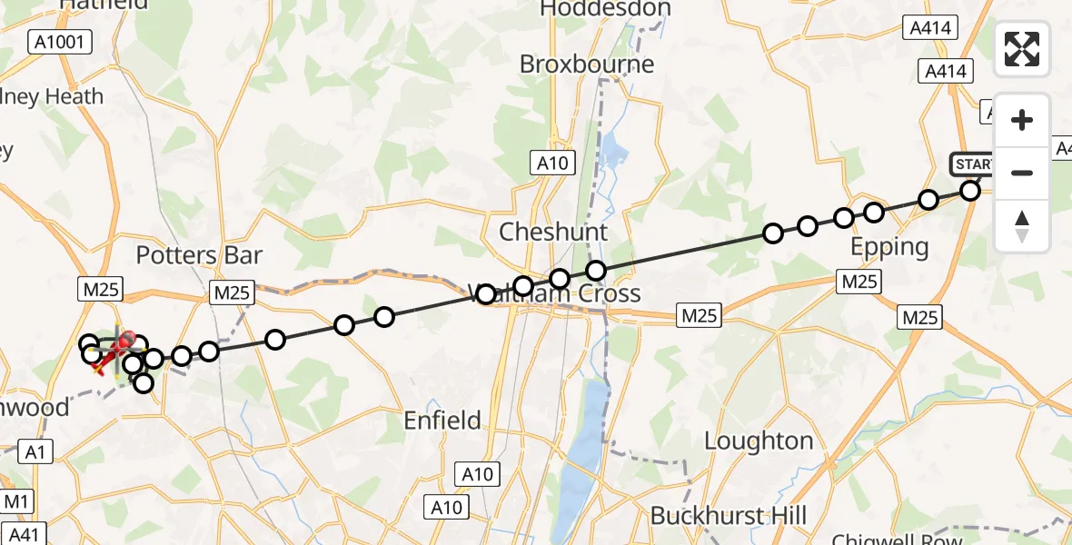 Flight route Air Ambulance Helicopter North Weald Airfield - Borehamwood, 01 May 2026, 12:26