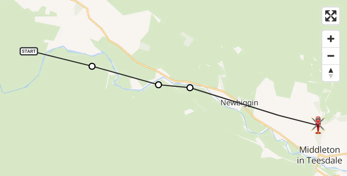 Flight path map showing Air Ambulance Helicopter route from Forest and Frith to Middleton in Teesdale