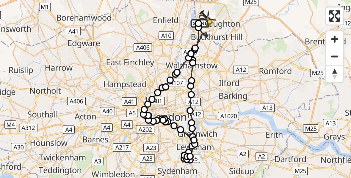 Flight path map showing Police Helicopter route from Chingford to Metropolitan Police Air Support Unit Lippitts Hill
