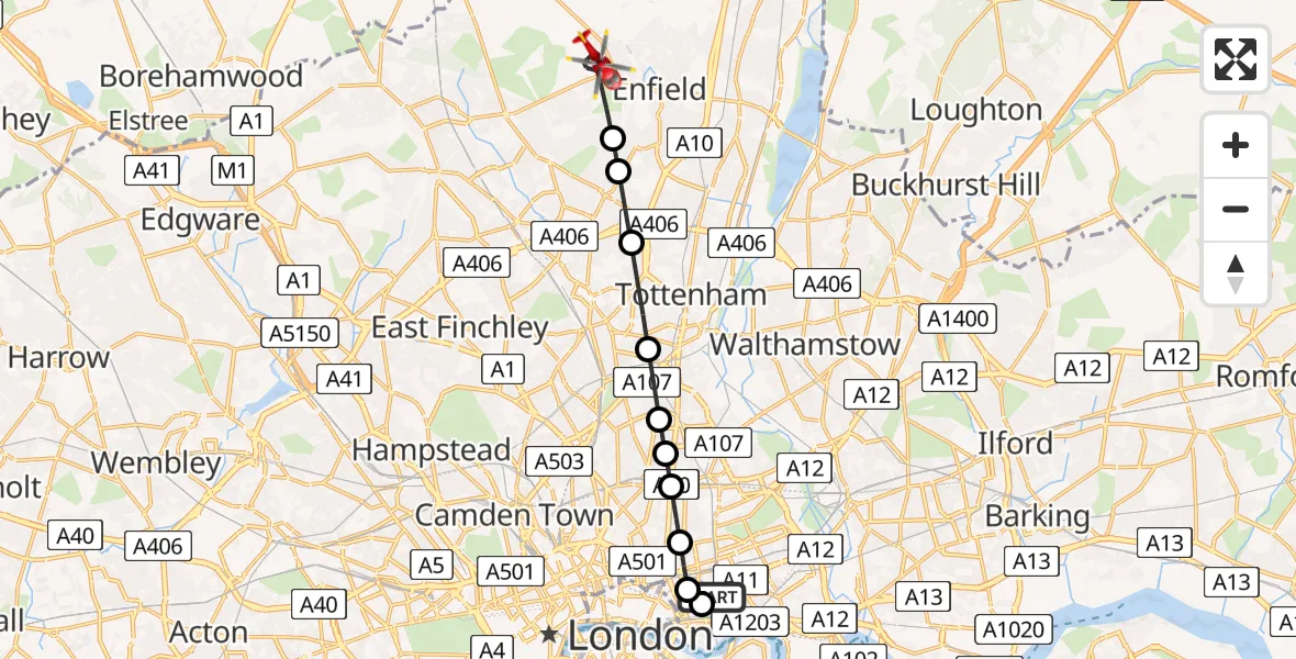 Flight path map showing Air Ambulance Helicopter route from Royal London Hospital to Enfield