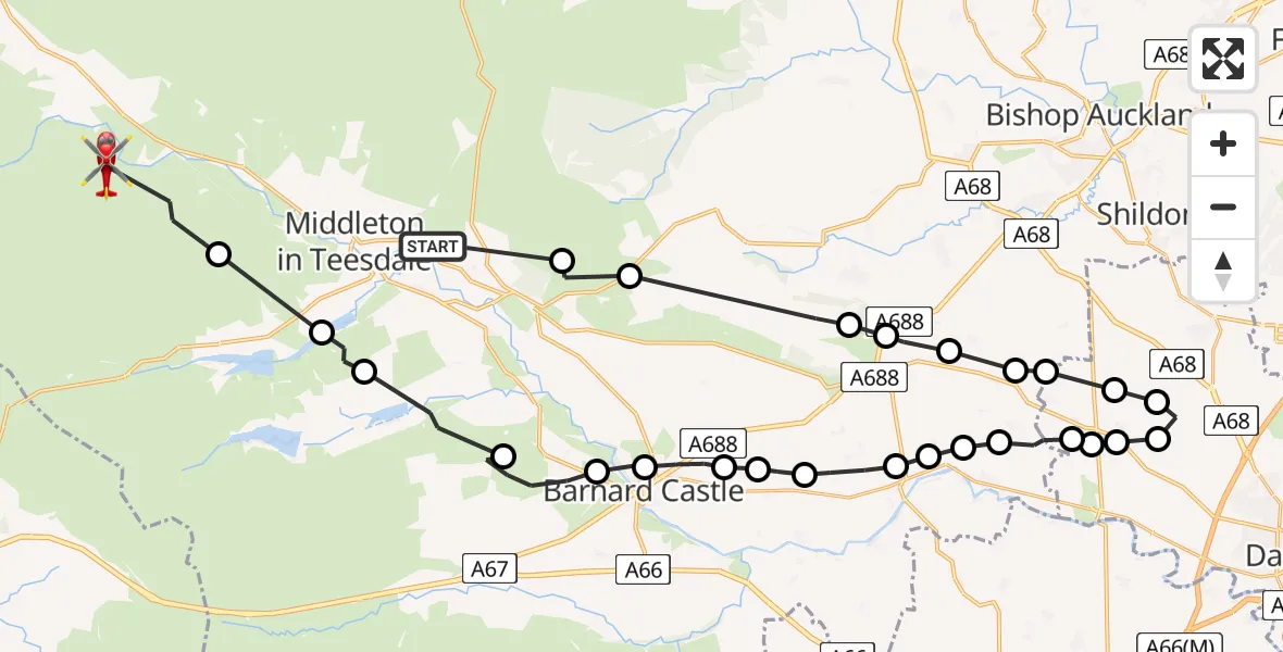 Flight path map showing Air Ambulance Helicopter route from Eggleston to Forest and Frith