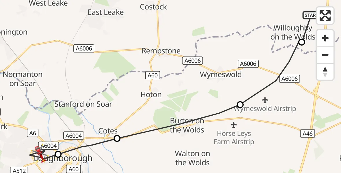 Flight path map showing Air Ambulance Helicopter route from Willoughby on the Wolds to Loughborough