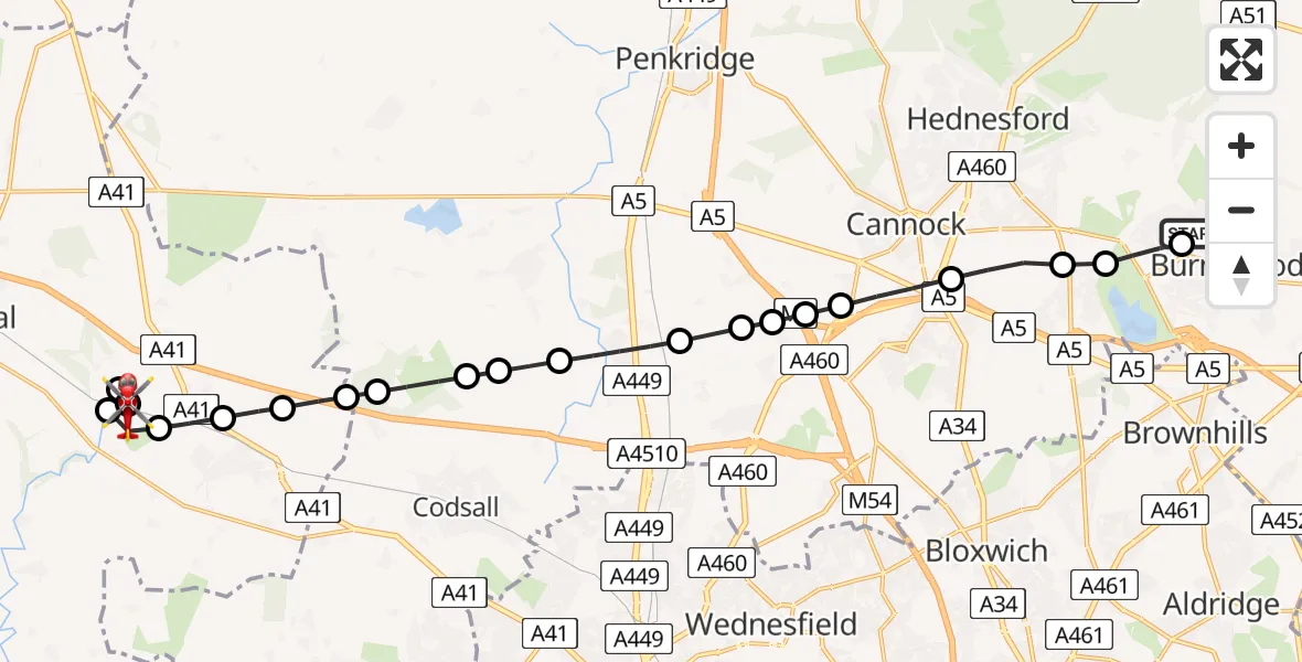 Routekaart van de vlucht: Air Ambulance Helicopter to Cosford, Airbase Avenue