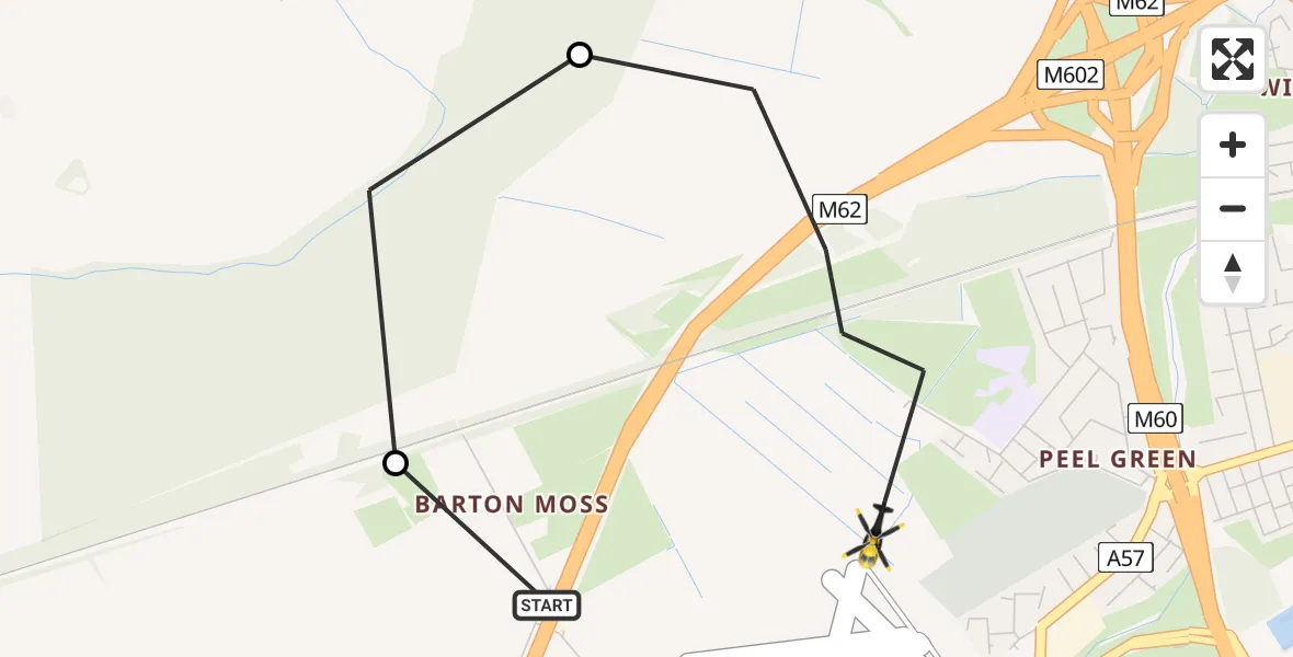 Flight path map showing Police Helicopter route from Manchester Barton Aerodrome to Irlam