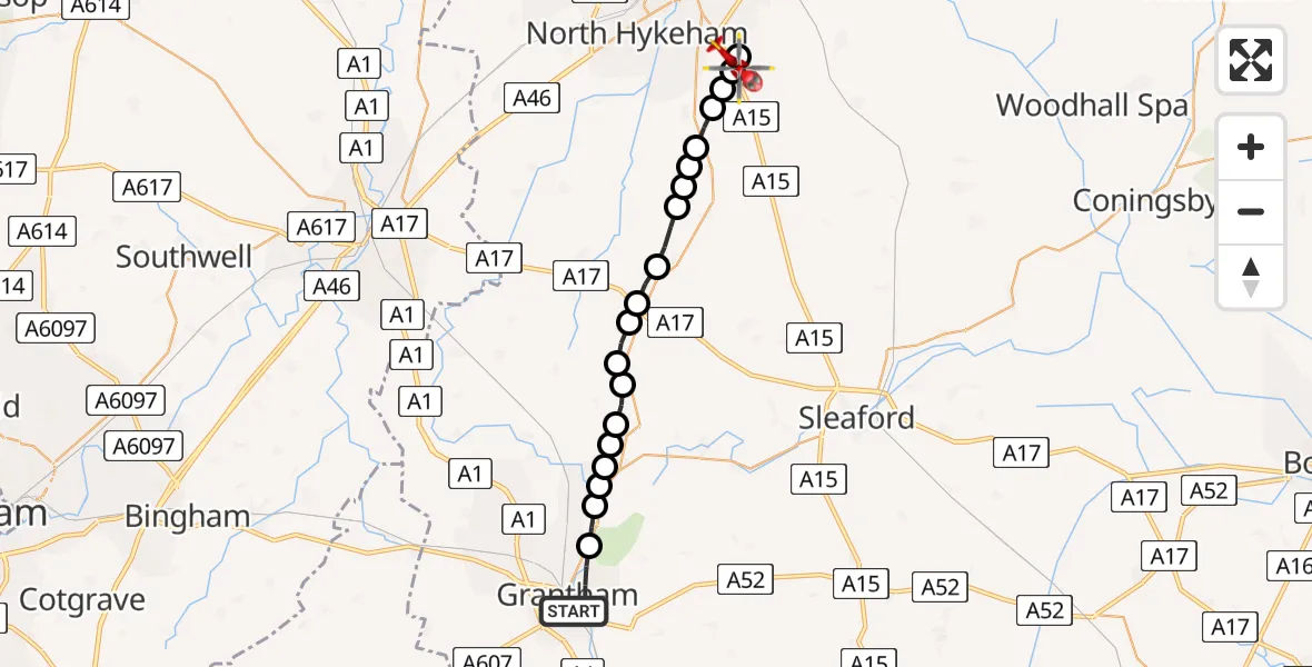 Flight path map showing Air Ambulance Helicopter route from Grantham to North Kesteven