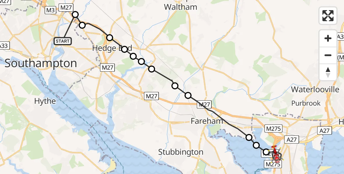 Flight path map showing Air Ambulance Helicopter route from Bitterne Park to Tipner