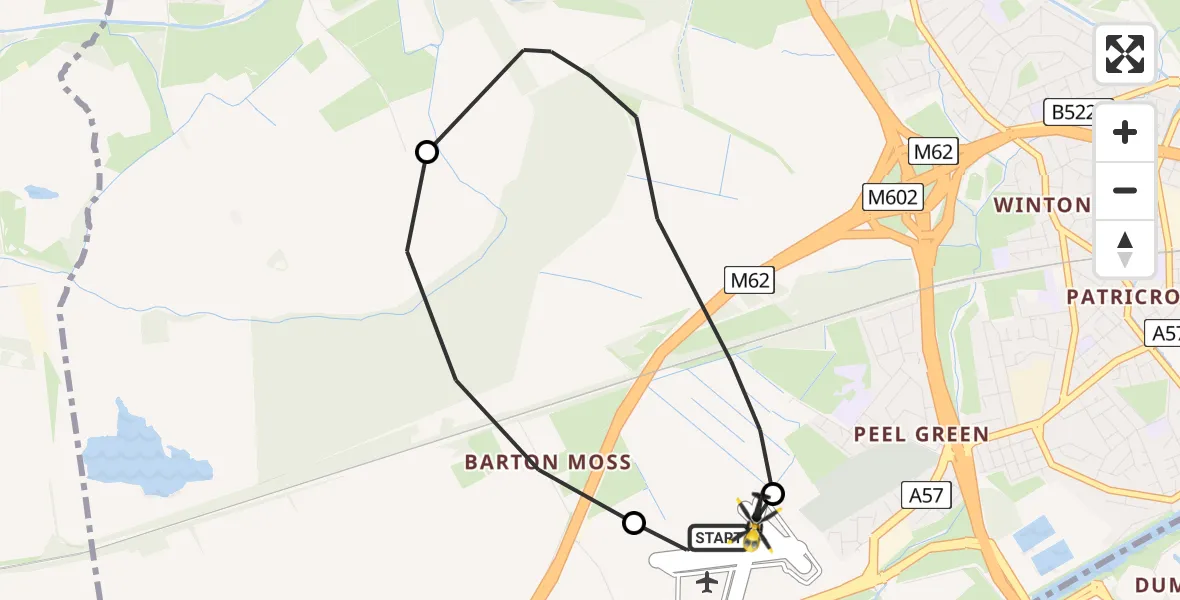 Flight path map showing Police Helicopter route from Manchester Barton Aerodrome to Manchester Barton Aerodrome