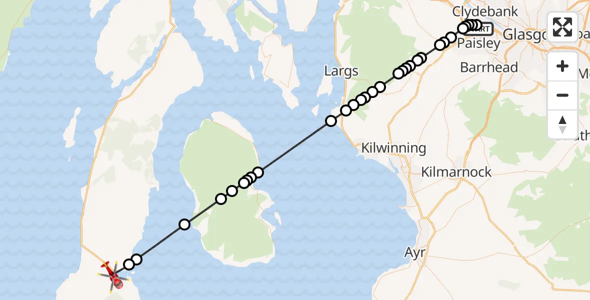 Flight path map showing Air Ambulance Helicopter route from Glasgow Airport to Campbeltown