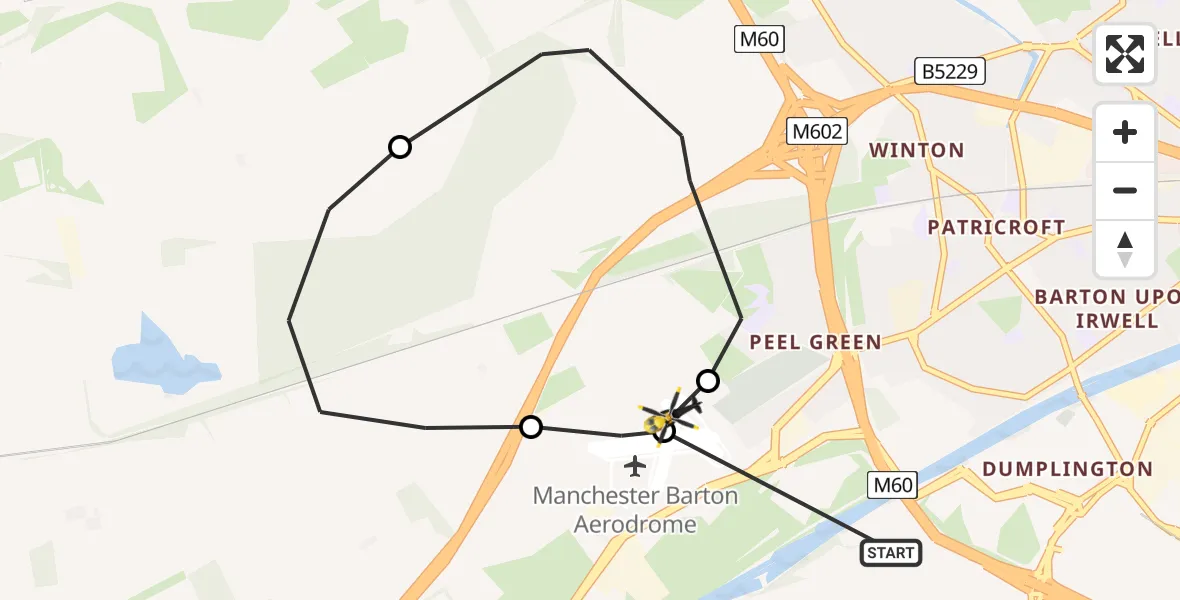 Flight path map showing Police Helicopter route from Eccles to Manchester Barton Aerodrome