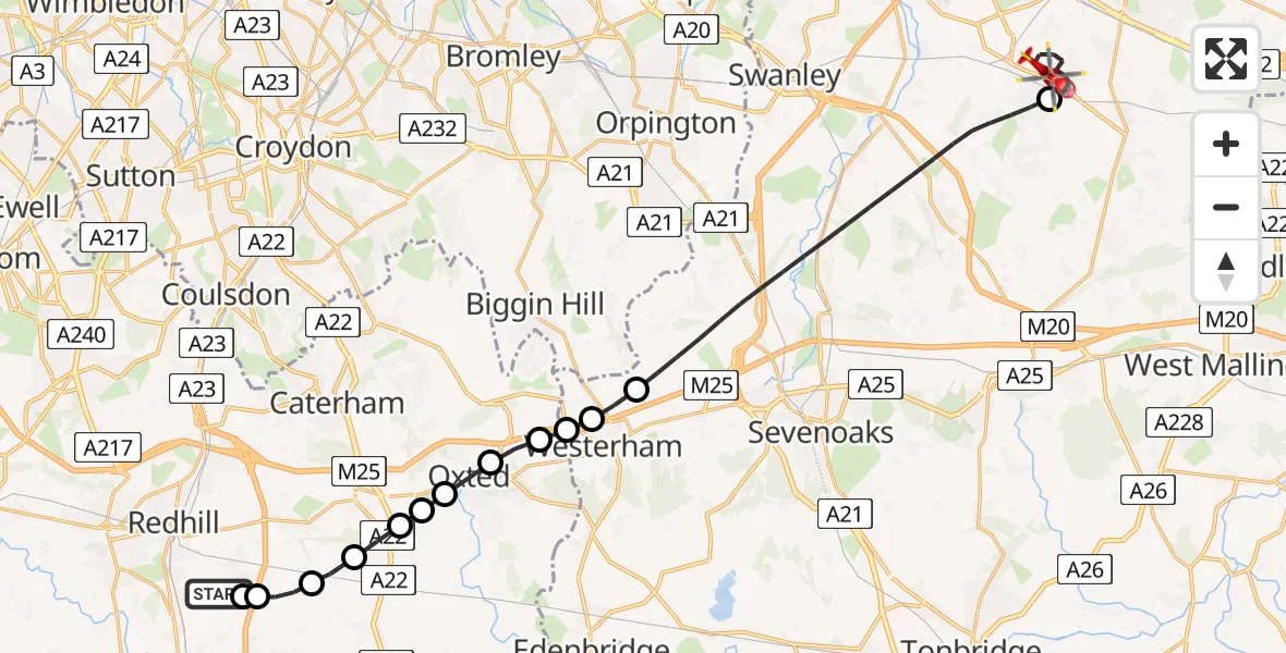 Flight path map showing Air Ambulance Helicopter route from Redhill Aerodrome to Dartford