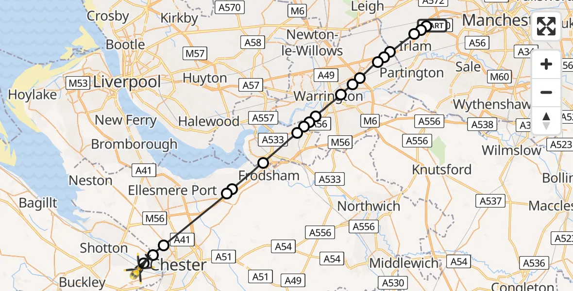 Flight path map showing Police Helicopter route from Manchester Barton Aerodrome to Saltney Ferry