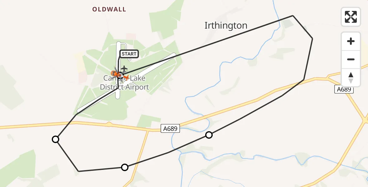 Flight path map showing Coastguard Helicopter route from Carlisle Lake District Airport to Carlisle Lake District Airport
