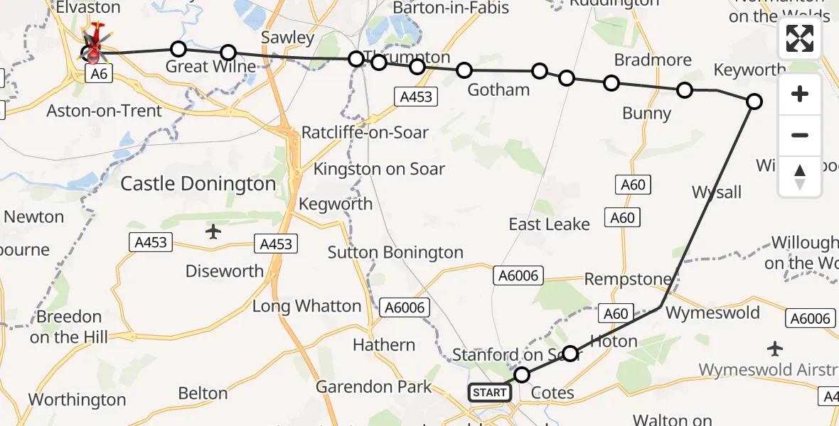 Flight path map showing Air Ambulance Helicopter route from Loughborough to Thulston