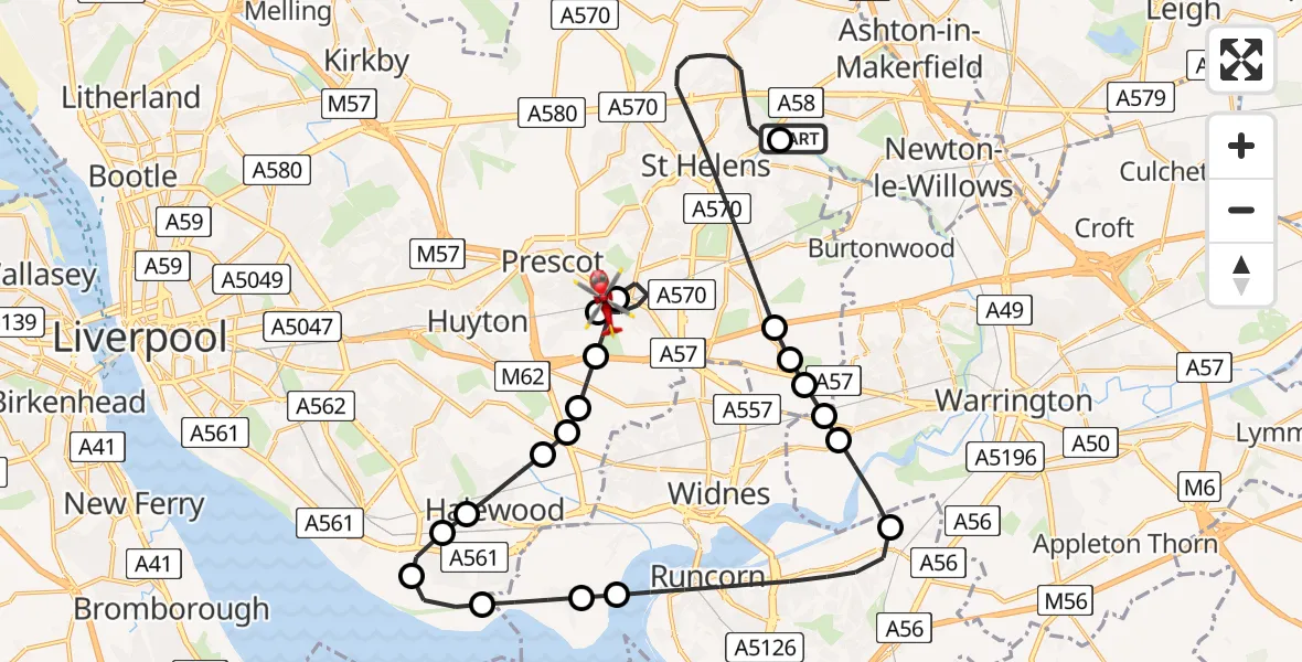 Flight path map showing Air Ambulance Helicopter route from St Helens to St Helens