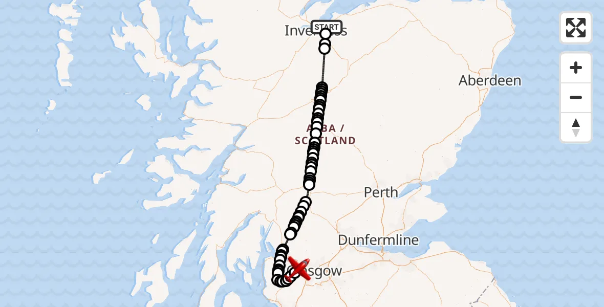 Flight path map showing Air Ambulance Aircraft route from Inverness to Glasgow Airport