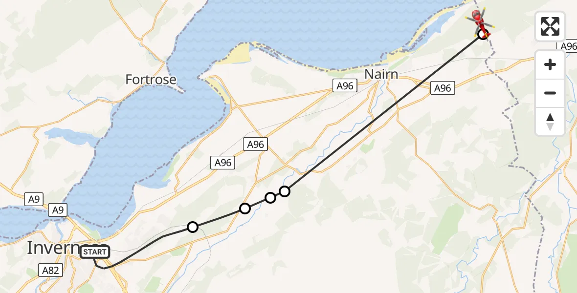 Flight path map showing Air Ambulance Helicopter route from Inverness to Nairn