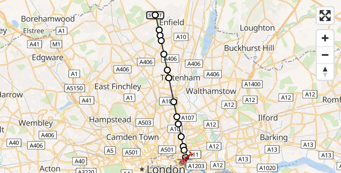 Flight path map showing Air Ambulance Helicopter route from Enfield to Royal London Hospital
