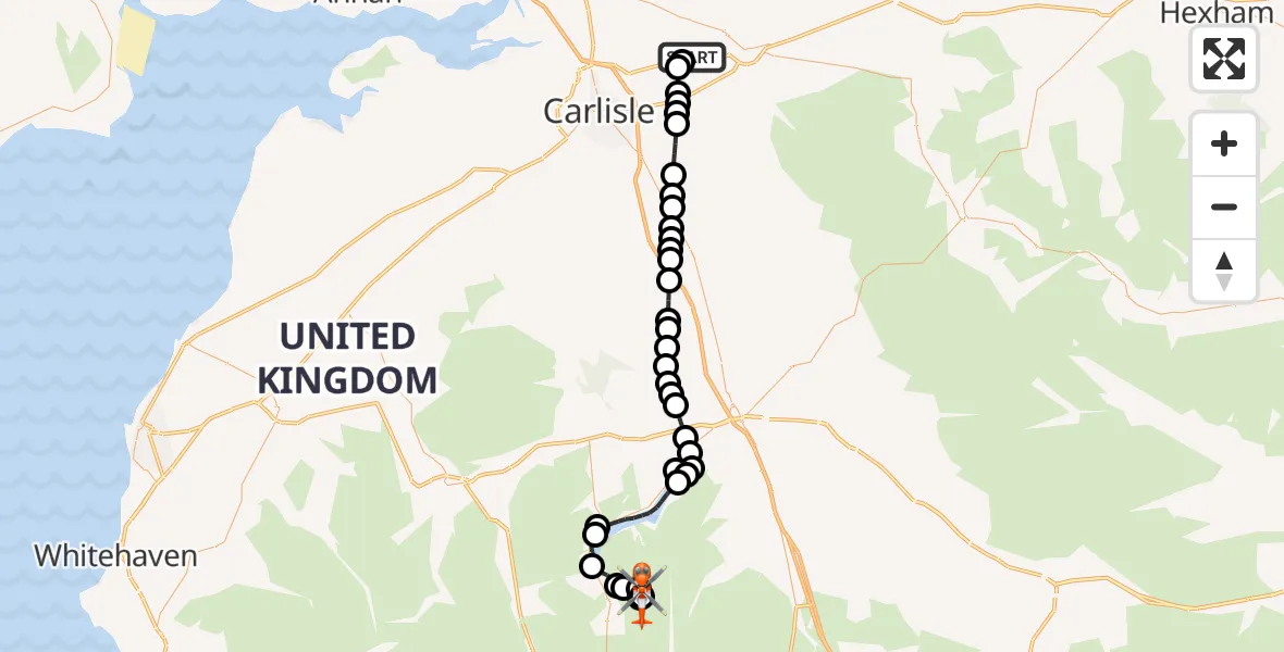 Flight path map showing Coastguard Helicopter route from Carlisle Lake District Airport to Patterdale