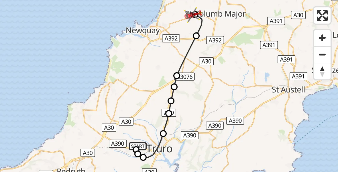 Flight path map showing Air Ambulance Helicopter route from Treliske Hospital to Cornwall Airport Newquay