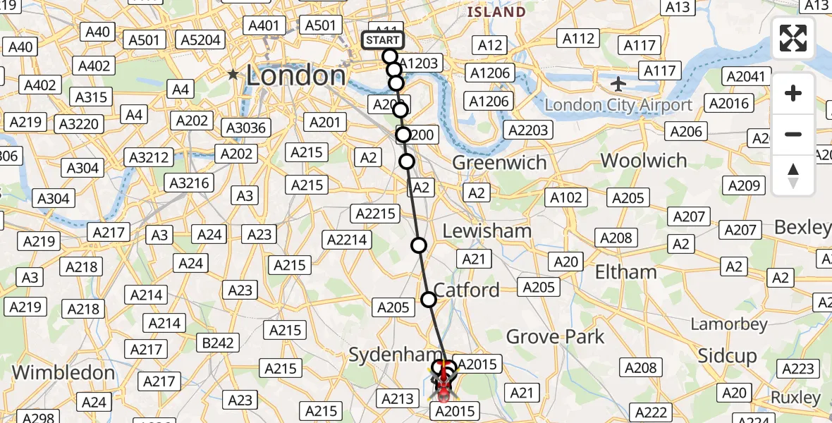 Flight path map showing Air Ambulance Helicopter route from Royal London Hospital to New Beckenham