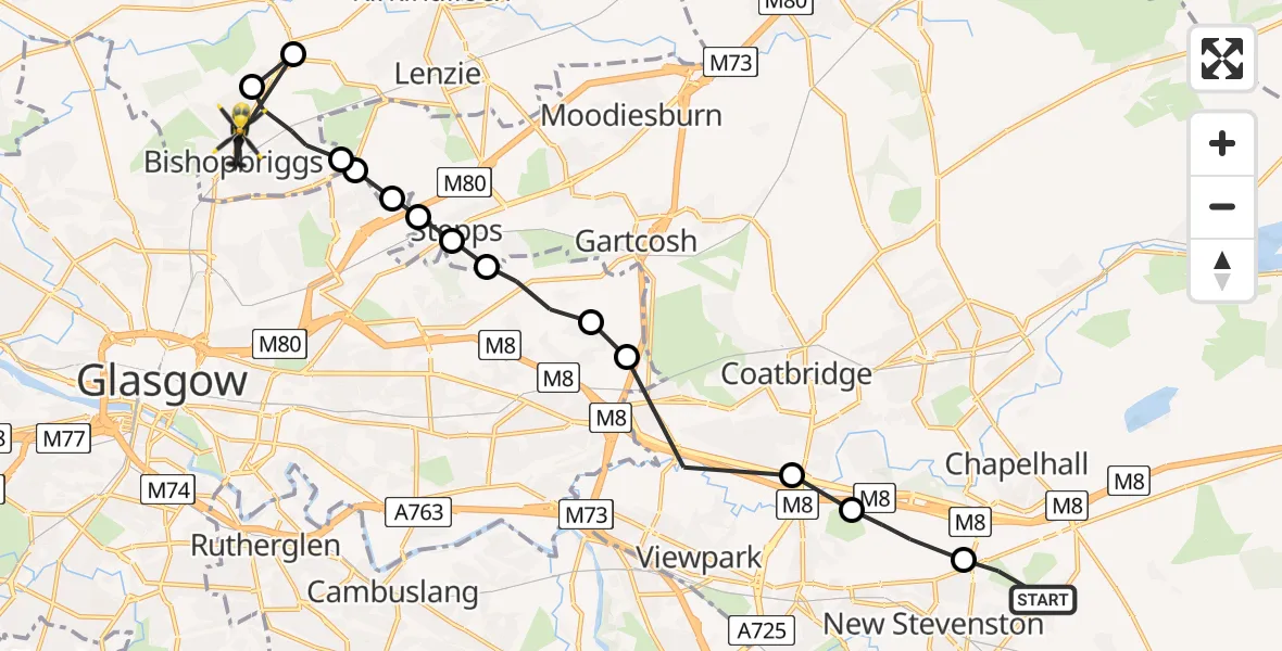 Flight path map showing Police Helicopter route from Newarthill to Bishopbriggs
