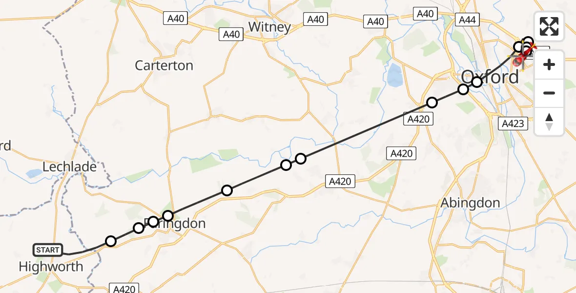 Flight path map showing Air Ambulance Helicopter route from Highworth to Oxford