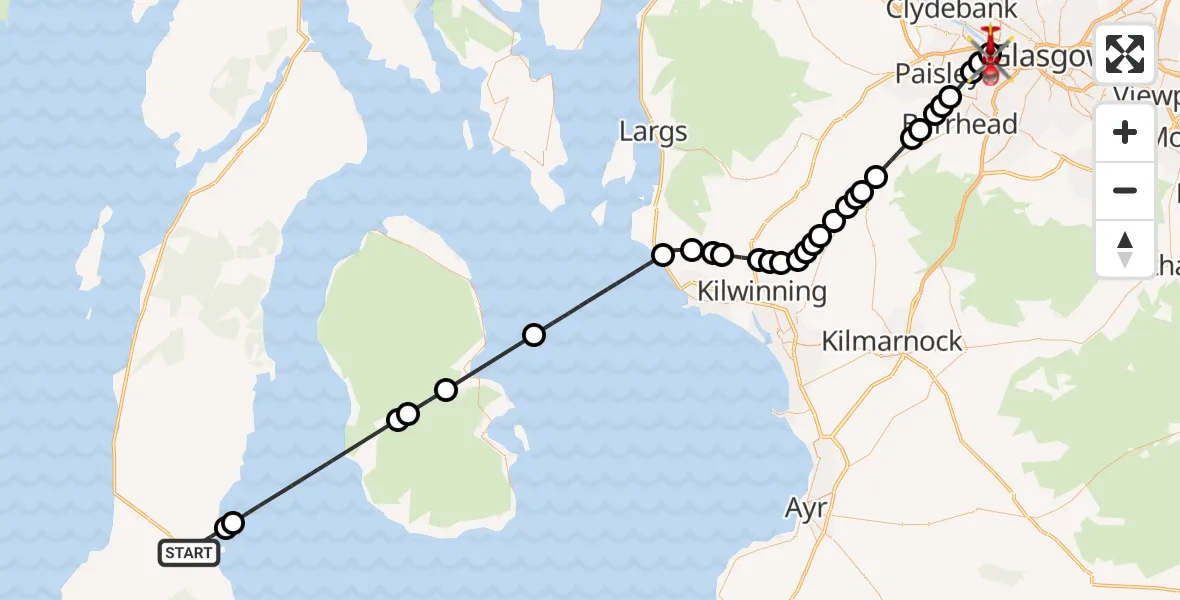 Flight path map showing Air Ambulance Helicopter route from Campbeltown to Queen Elizabeth Hospital