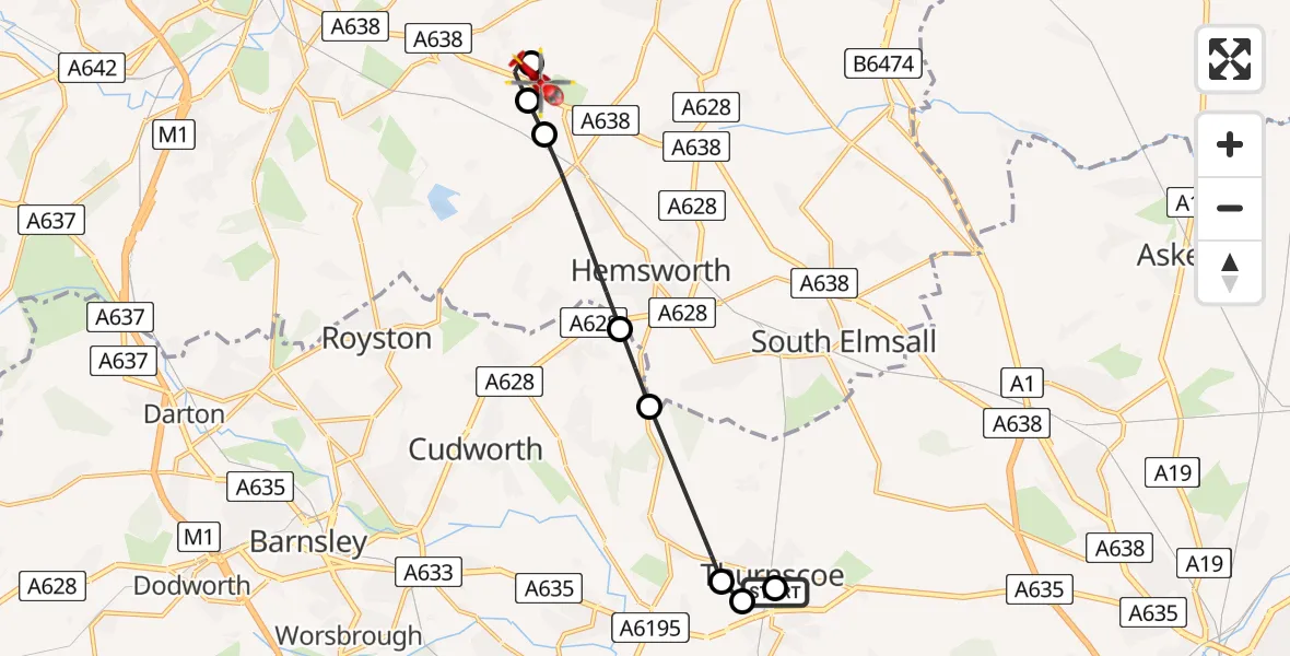 Flight path map showing Air Ambulance Helicopter route from Thurnscoe to YAA Nostell Helicopter Port
