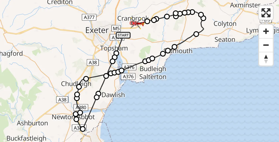 Flight path map showing Air Ambulance Helicopter route from Clyst St Mary to Rockbeare