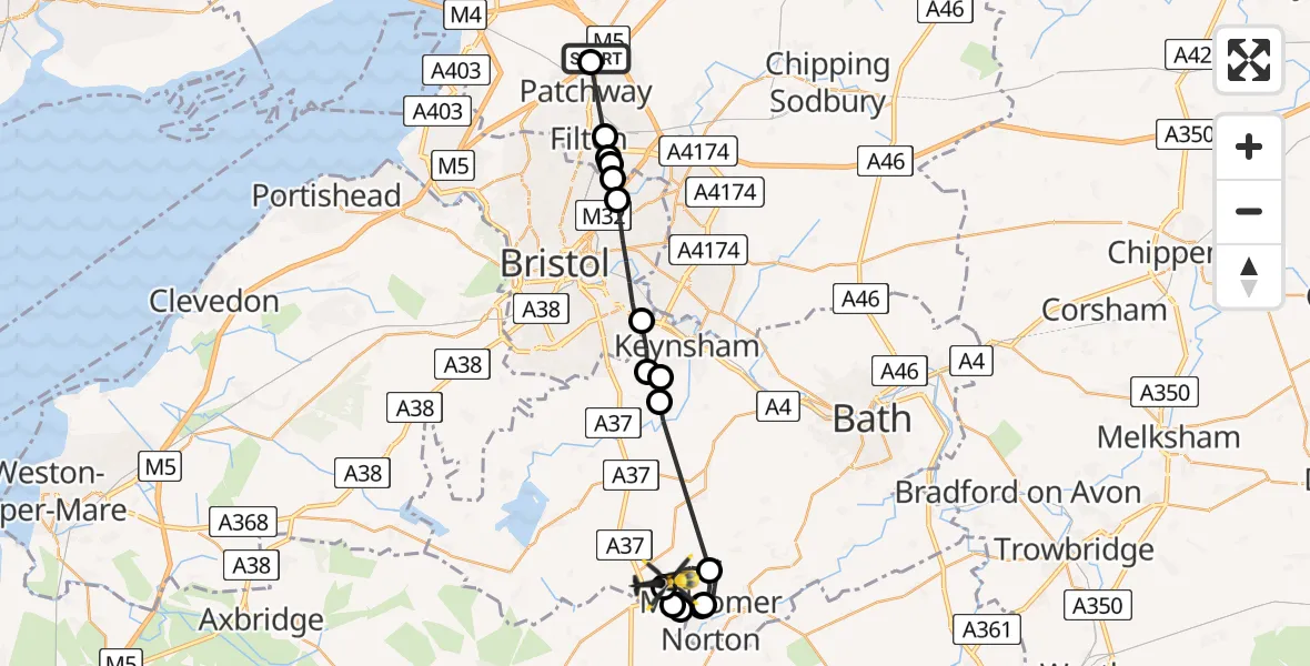 Flight path map showing Police Helicopter route from Almondsbury Helicopter Base to Farrington Gurney