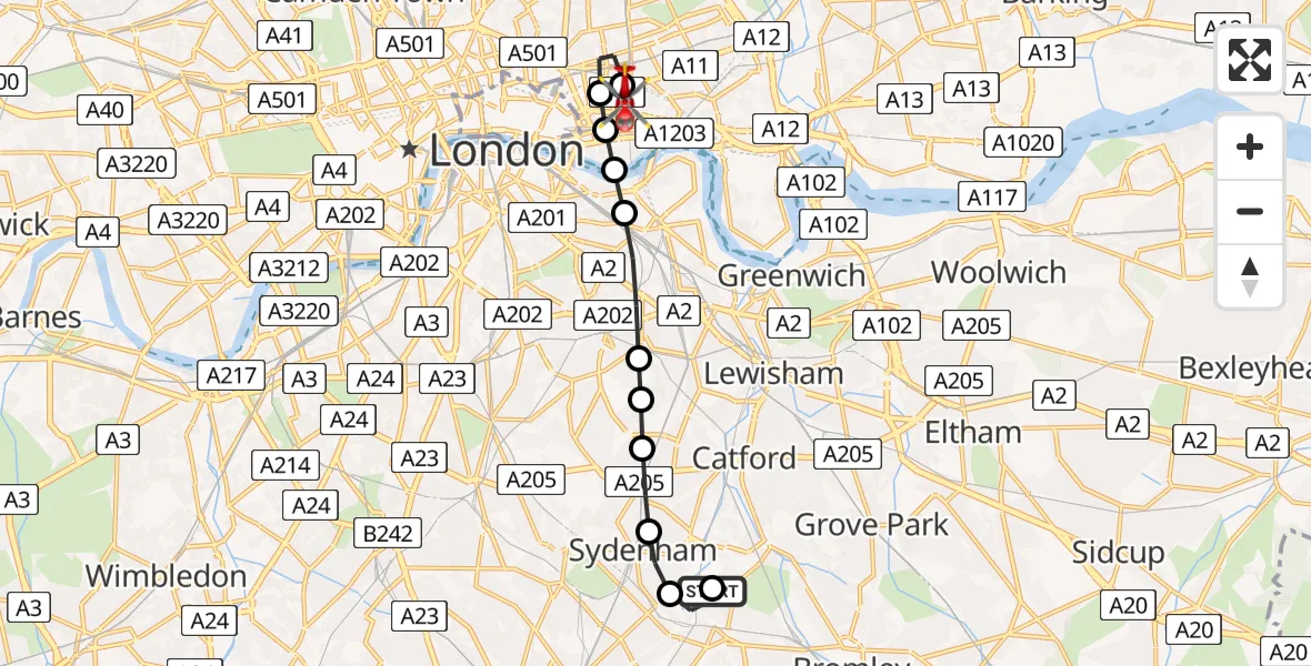 Flight path map showing Air Ambulance Helicopter route from New Beckenham to Royal London Hospital