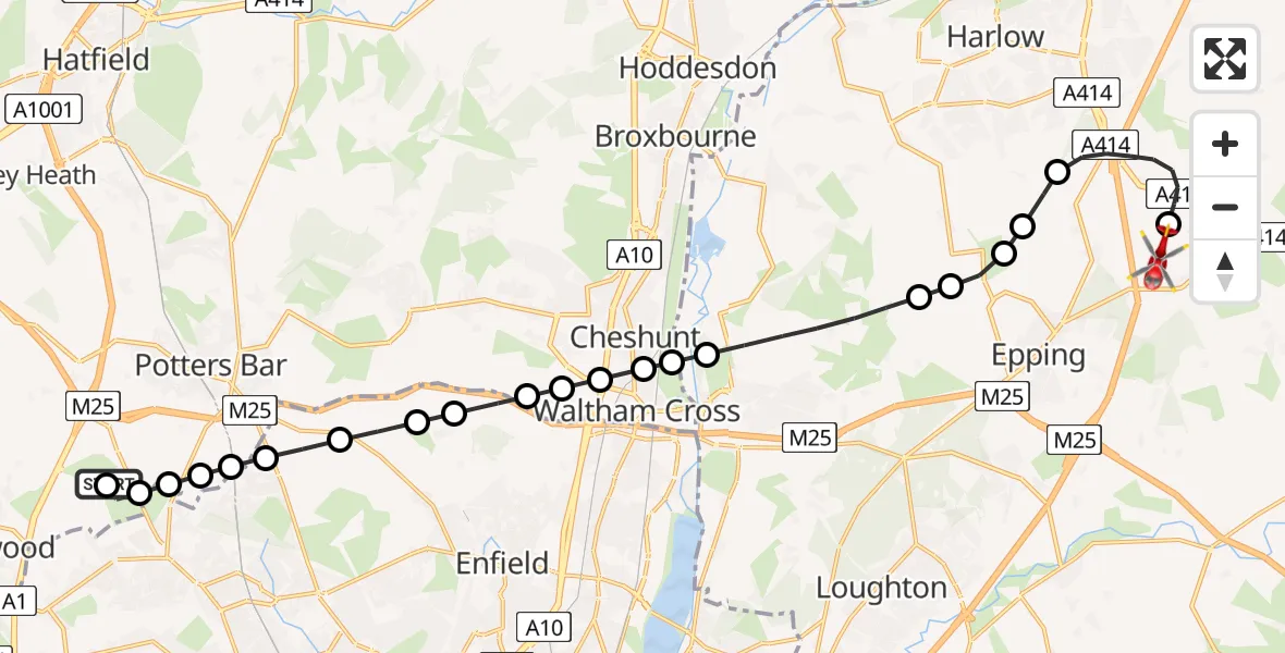 Flight path map showing Air Ambulance Helicopter route from Potters Bar to North Weald Airfield