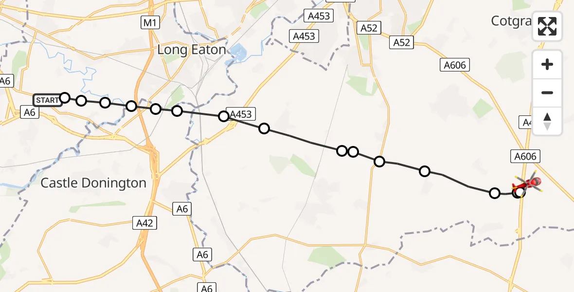 Flight path map showing Air Ambulance Helicopter route from Thulston to Nottingham Heliport