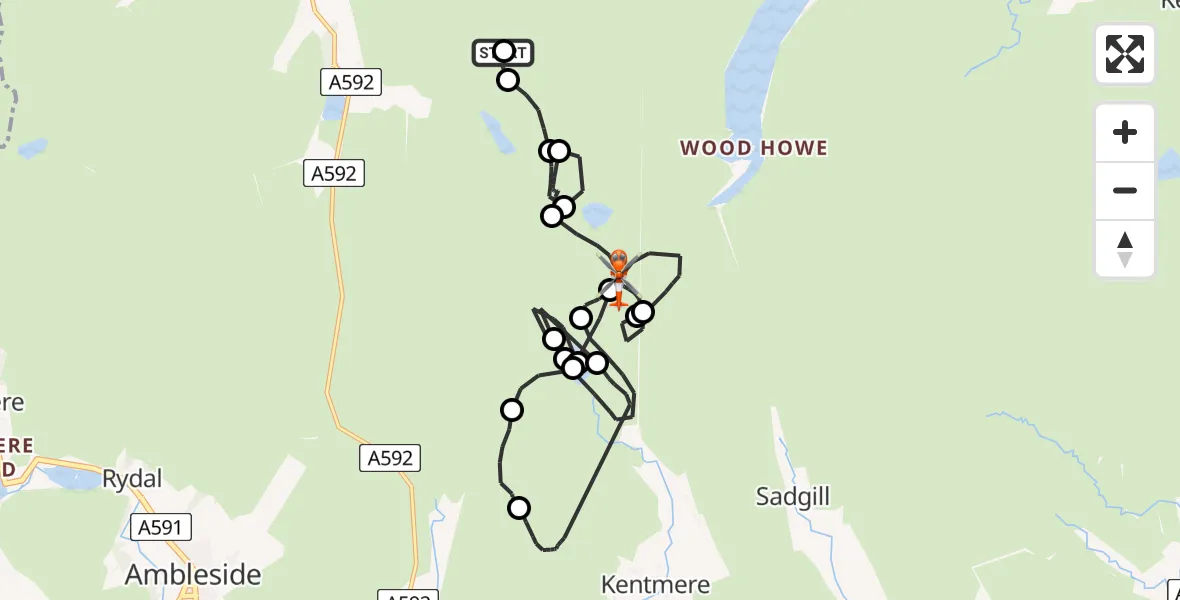 Flight path map showing Coastguard Helicopter route from Martindale to Shap Rural