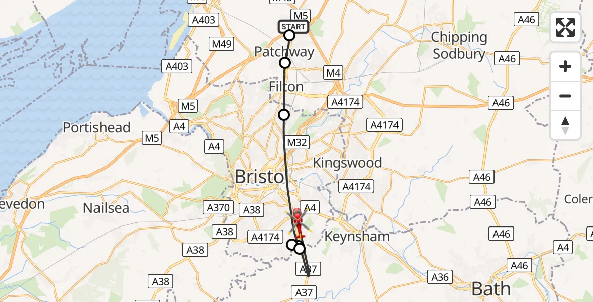 Flight path map showing Air Ambulance Helicopter route from Almondsbury Helicopter Base to Bristol