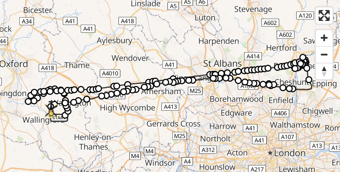 Flight path map showing Police Helicopter route from Ewelme to Benson
