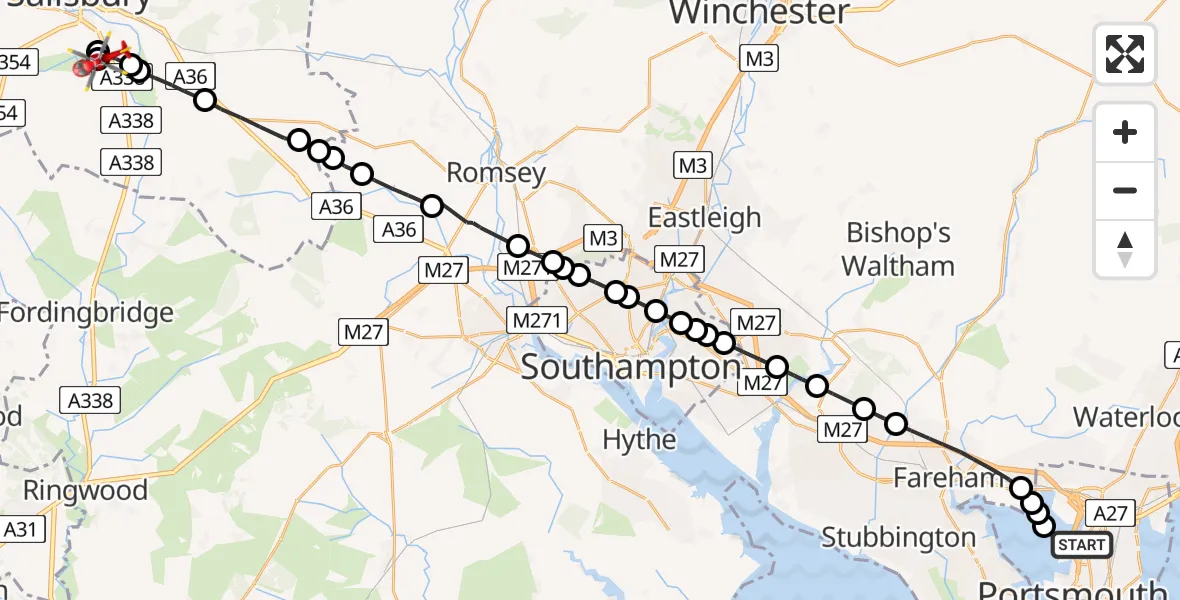Flight path map showing Air Ambulance Helicopter route from Tipner to Nunton