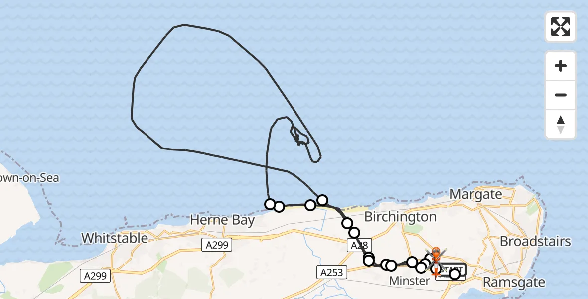 Flight path map showing Coastguard Helicopter route from Manston Airport to Manston Airport