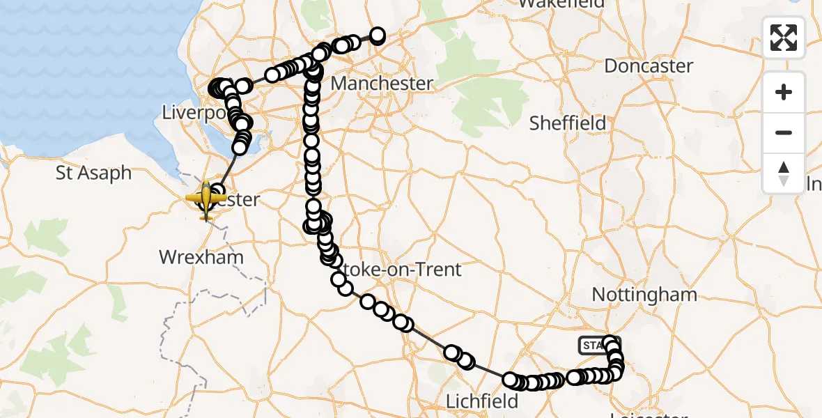Flight route Police Aircraft East Midlands Airport - Hawarden Airport, 01 May 2026, 14:08